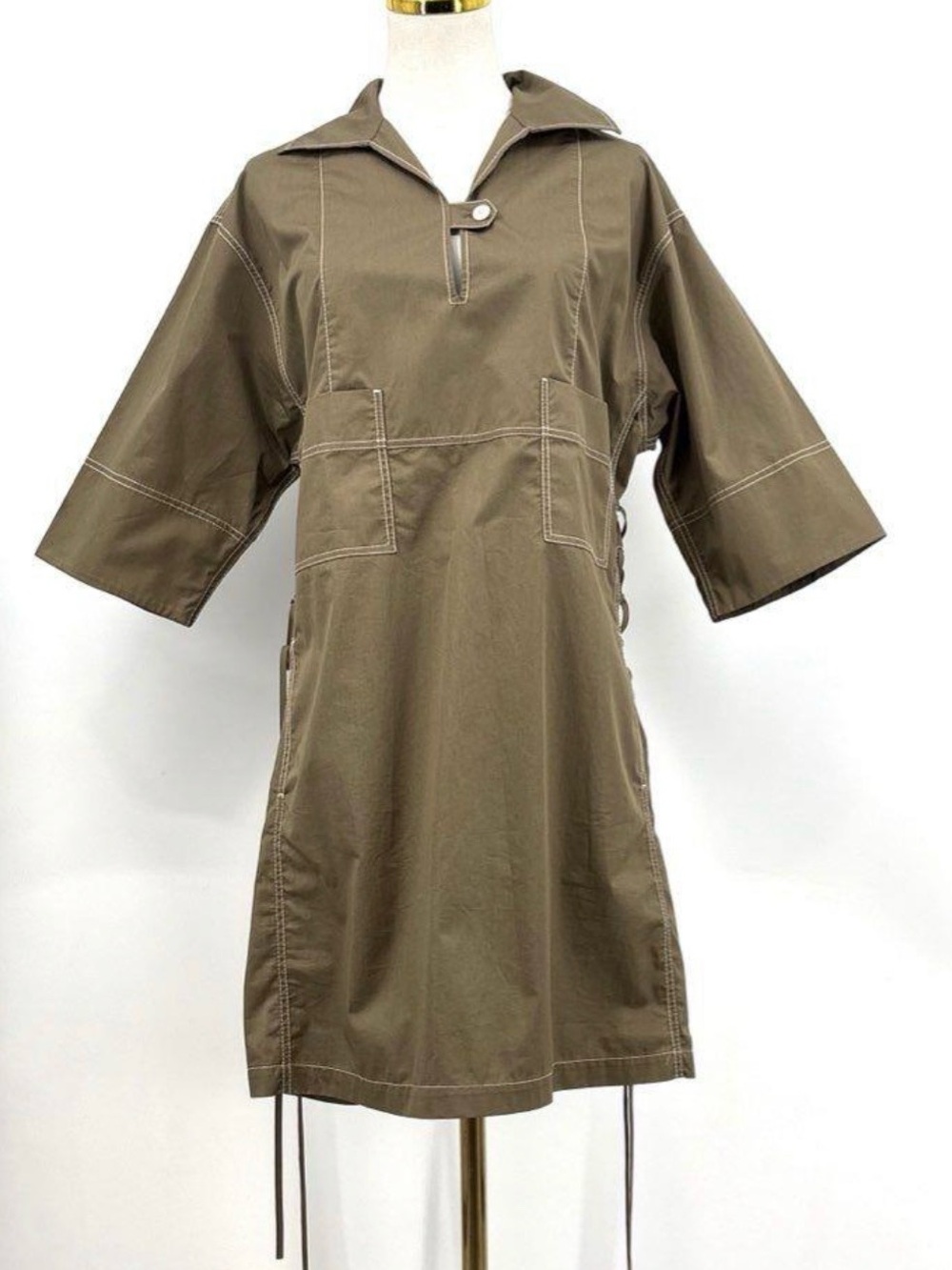 Tory Burch Women's Poplin Lace-Up Tunic Dress Brown Contrast Stitch Sz 4